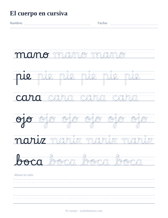 Ficha del cuerpo en cursiva: mano, pie, cara, ojo, nariz y boca