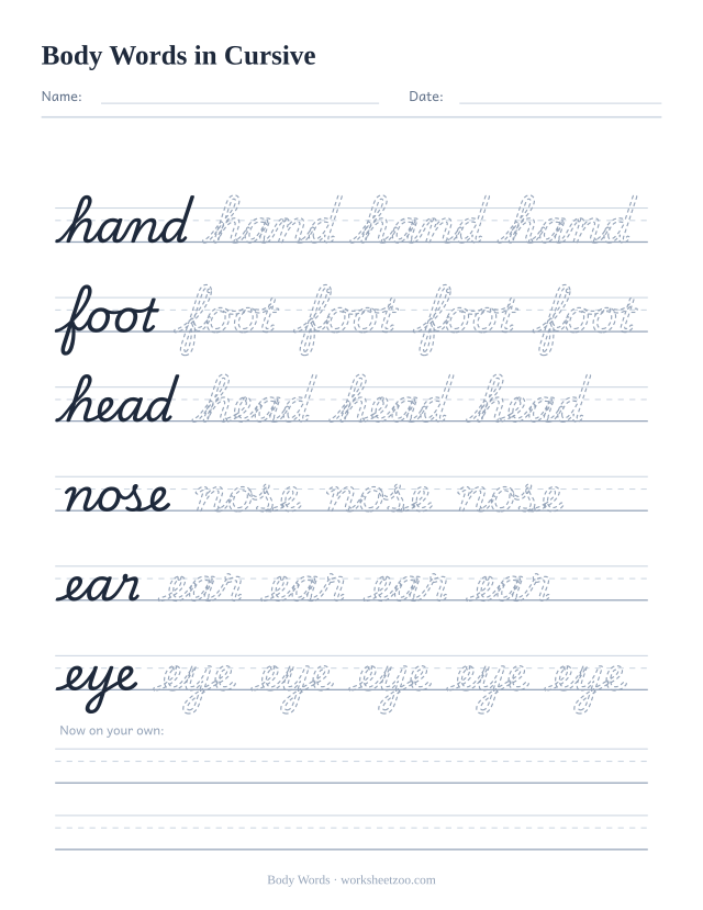 Cursive body words worksheet, trace hand, foot, head, nose, ear and eye