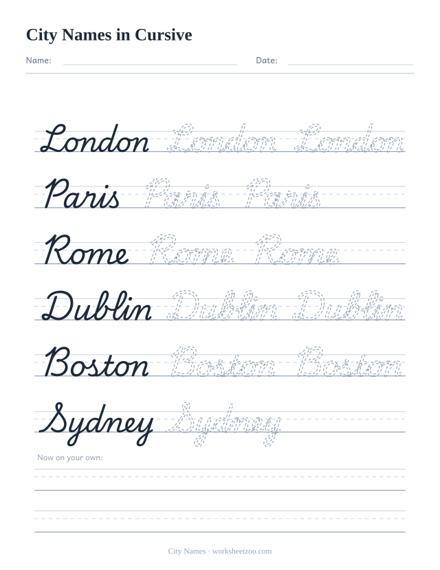 Cursive city names worksheet, trace London, Paris, Rome, Dublin, Boston and Sydney