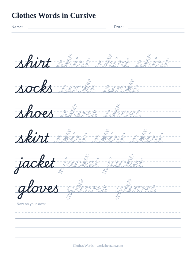 Cursive clothes words worksheet, trace shirt, socks, shoes, skirt, jacket and gloves