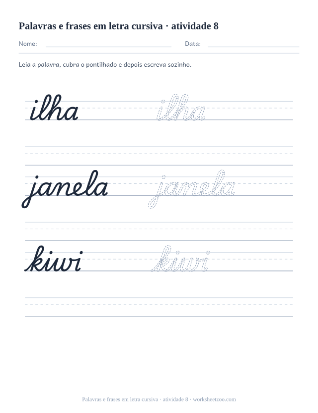 Prévia de Palavras e frases em letra cursiva, atividade 8 para imprimir