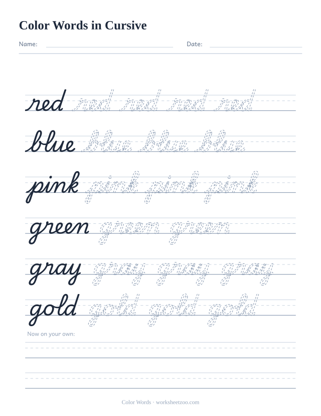 Cursive color words worksheet, trace red, blue, pink, green, gray and gold