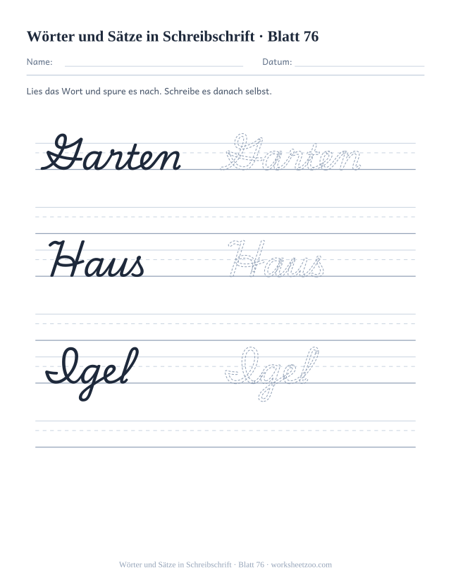 Vorschau: Wörter und Sätze in Schreibschrift, druckbares Arbeitsblatt 76