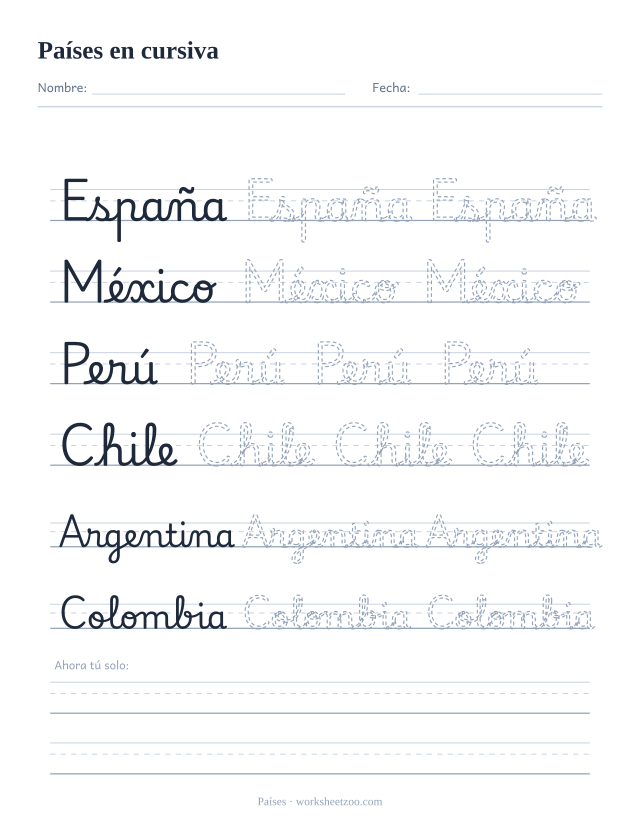 Ficha de países en cursiva: España, México, Perú, Chile, Argentina y Colombia