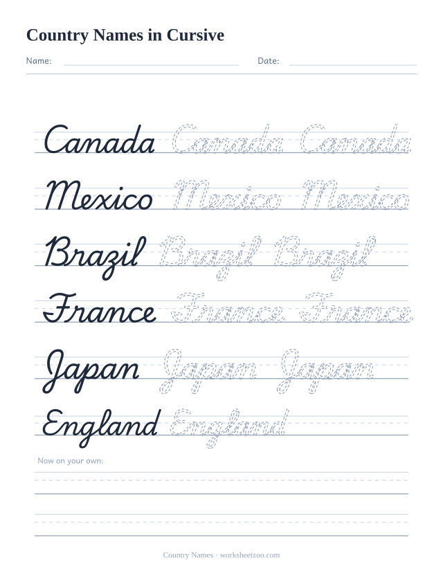 Cursive country names worksheet, trace Canada, Mexico, Brazil, France, Japan and England