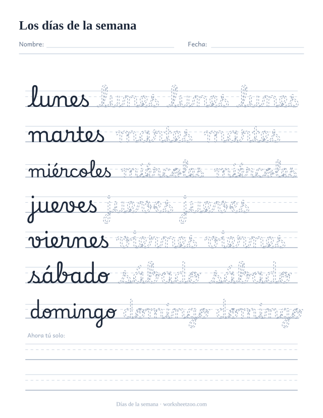 Ficha de los días de la semana en cursiva: de lunes a domingo sobre pauta