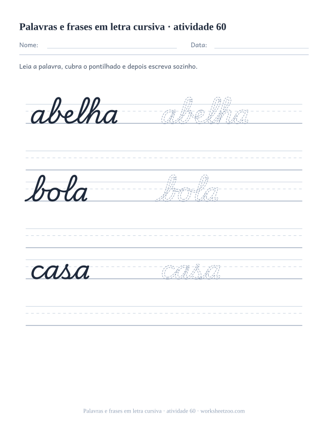 Prévia de Palavras e frases em letra cursiva, atividade 60 para imprimir
