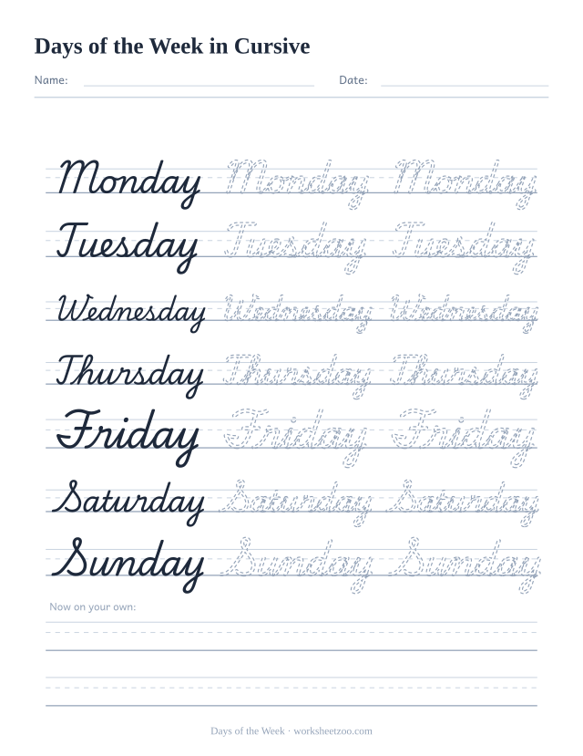 Cursive days of the week worksheet, trace Monday through Sunday on handwriting guides