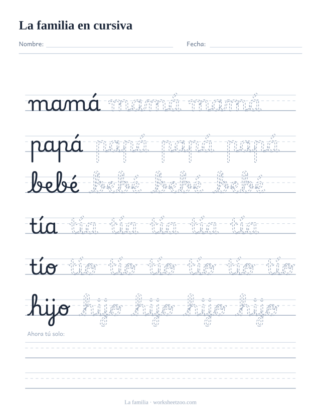 Ficha de la familia en cursiva: mamá, papá, bebé, tía, tío e hijo