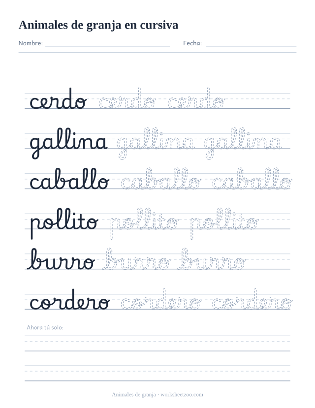 Ficha de animales de granja en cursiva: cerdo, gallina, caballo, pollito, burro y cordero