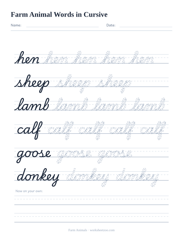 Cursive farm animal words worksheet, trace hen, sheep, lamb, calf, goose and donkey
