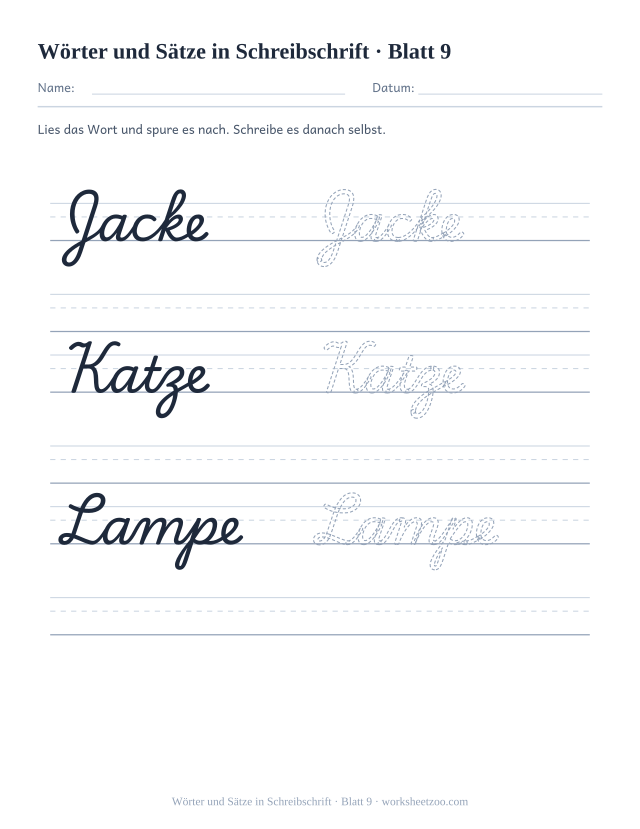 Vorschau: Wörter und Sätze in Schreibschrift, druckbares Arbeitsblatt 9