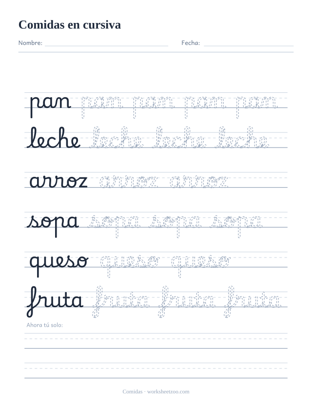 Ficha de comidas en cursiva: pan, leche, arroz, sopa, queso y fruta