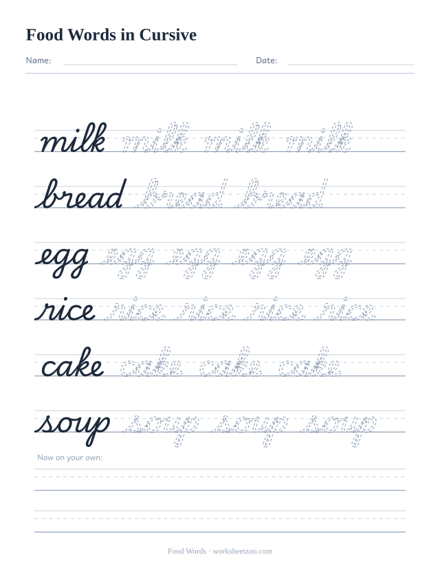 Cursive food words worksheet, trace milk, bread, egg, rice, cake and soup