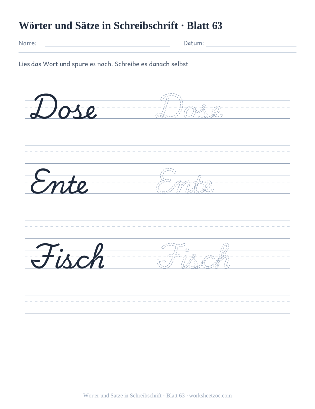 Vorschau: Wörter und Sätze in Schreibschrift, druckbares Arbeitsblatt 63