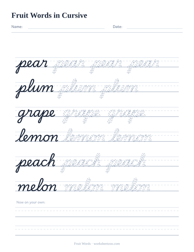 Cursive fruit words worksheet, trace pear, plum, grape, lemon, peach and melon