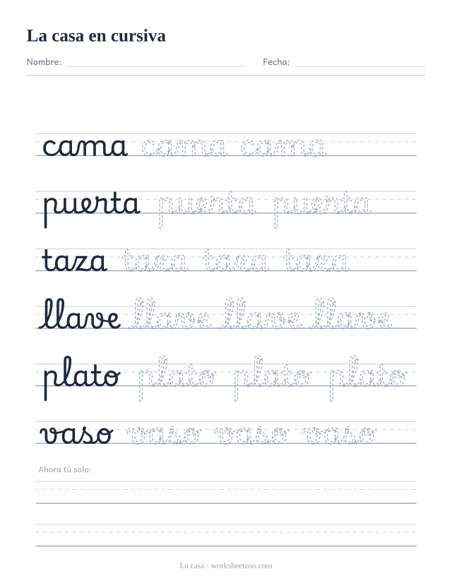 Ficha de la casa en cursiva: cama, puerta, taza, llave, plato y vaso