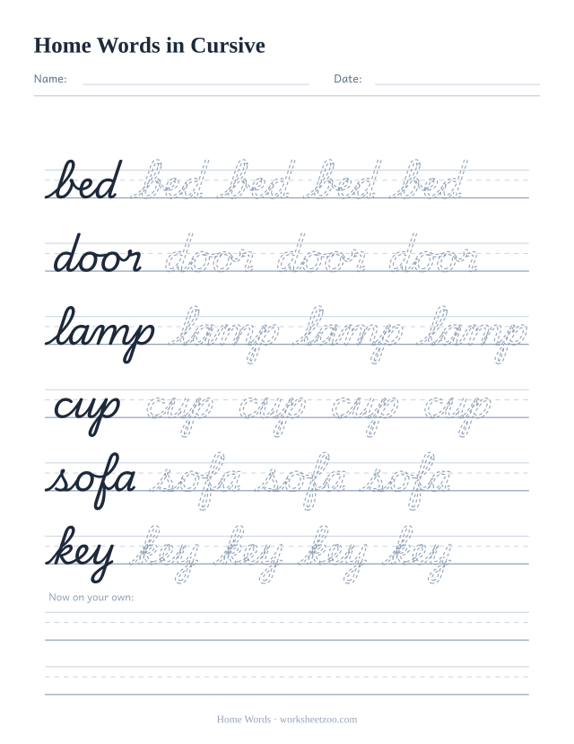 Cursive home words worksheet, trace bed, door, lamp, cup, sofa and key