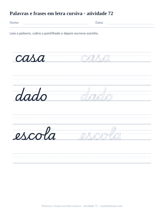 Prévia de Palavras e frases em letra cursiva, atividade 72 para imprimir