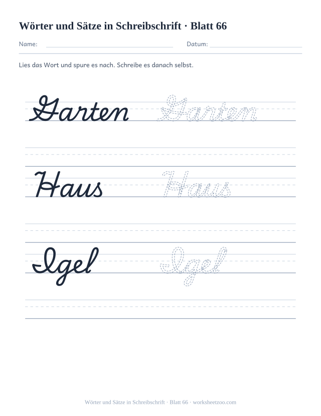 Vorschau: Wörter und Sätze in Schreibschrift, druckbares Arbeitsblatt 66