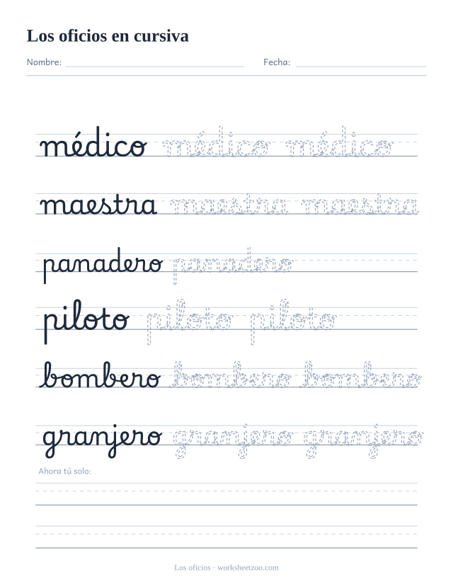 Ficha de oficios en cursiva: médico, maestra, panadero, piloto, bombero y granjero
