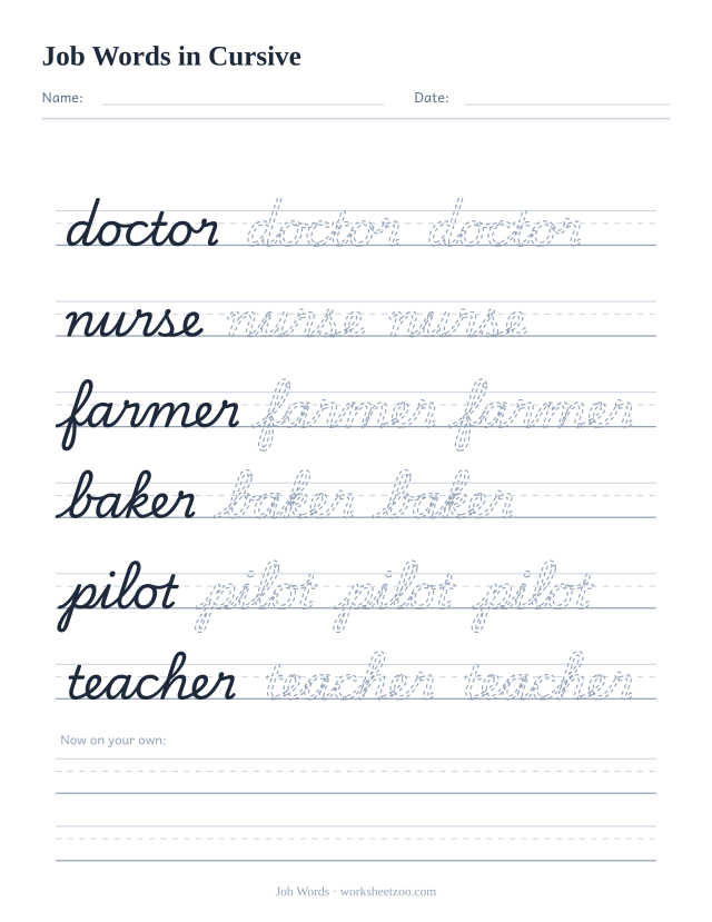 Cursive job words worksheet, trace doctor, nurse, farmer, baker, pilot and teacher