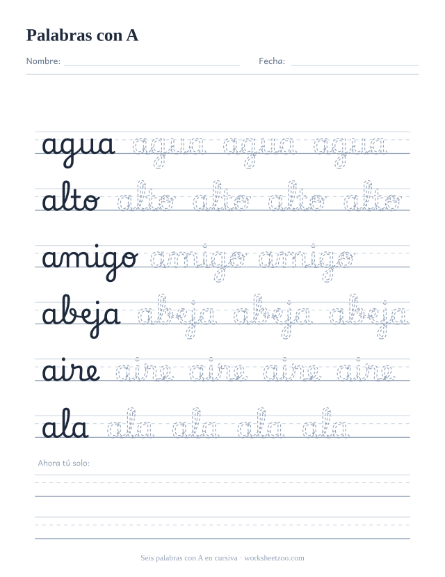 Ficha de palabras con A en cursiva: agua, alto, amigo, abeja, aire y ala