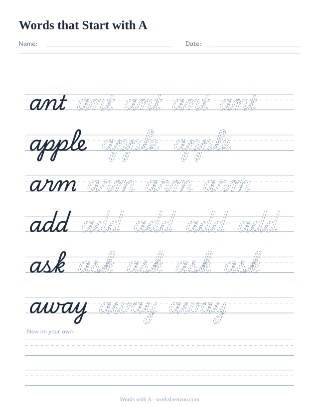 Cursive words starting with A worksheet, trace ant, apple, arm, add, ask and away