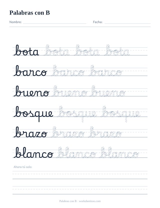 Ficha de palabras con B en cursiva: bota, barco, bueno, bosque, brazo y blanco