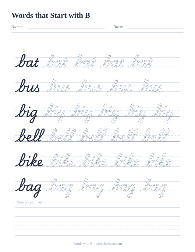 Cursive words starting with B worksheet, trace bat, bus, big, bell, bike and bag