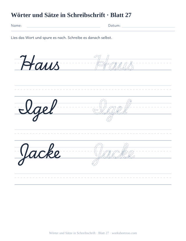 Vorschau: Wörter und Sätze in Schreibschrift, druckbares Arbeitsblatt 27