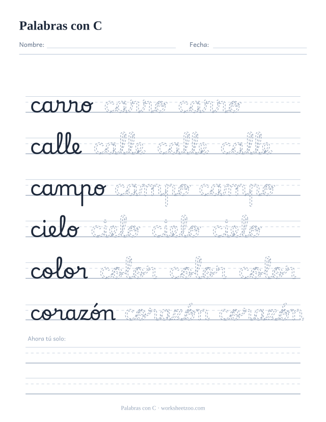 Ficha de palabras con C en cursiva: carro, calle, campo, cielo, color y corazón