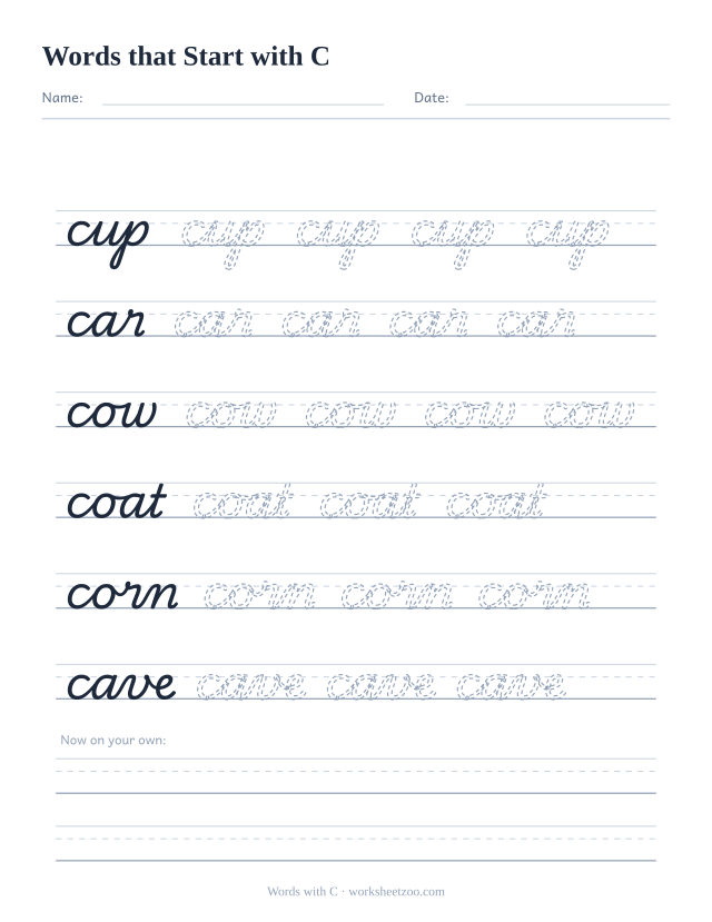 Cursive words starting with C worksheet, trace cup, car, cow, coat, corn and cave