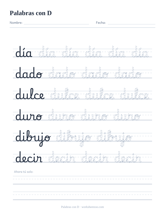 Ficha de palabras con D en cursiva: día, dado, dulce, duro, dibujo y decir