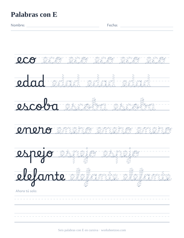 Ficha de palabras con E en cursiva: eco, edad, escoba, enero, espejo y elefante