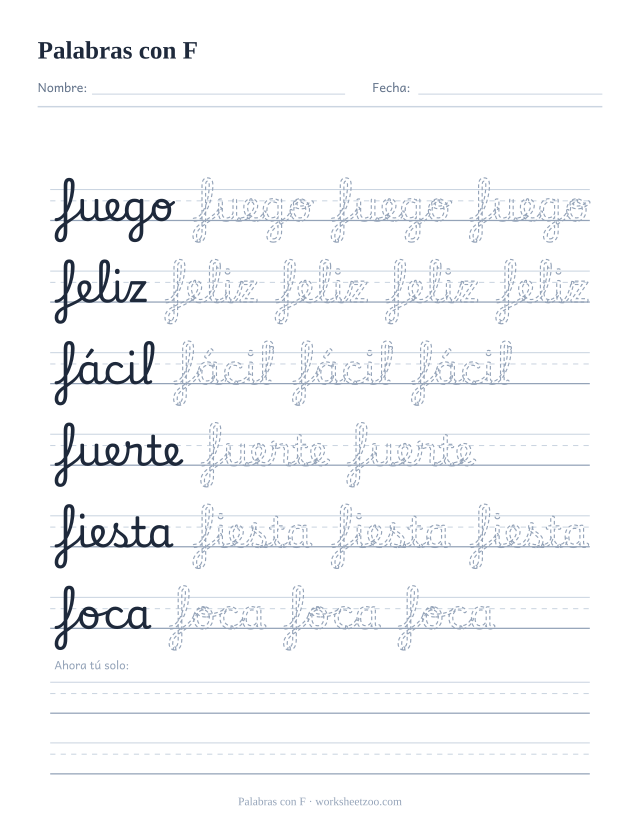Ficha de palabras con F en cursiva: fuego, feliz, fácil, fuerte, fiesta y foca