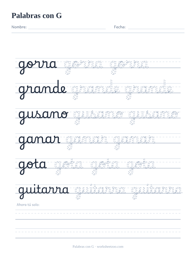 Ficha de palabras con G en cursiva: gorra, grande, gusano, ganar, gota y guitarra