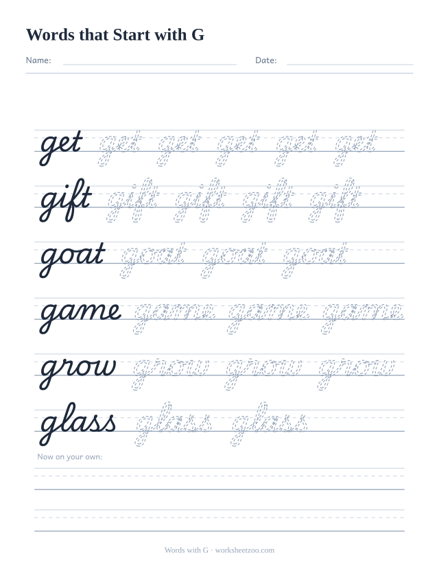 Cursive words starting with G worksheet, trace get, gift, goat, game, grow and glass