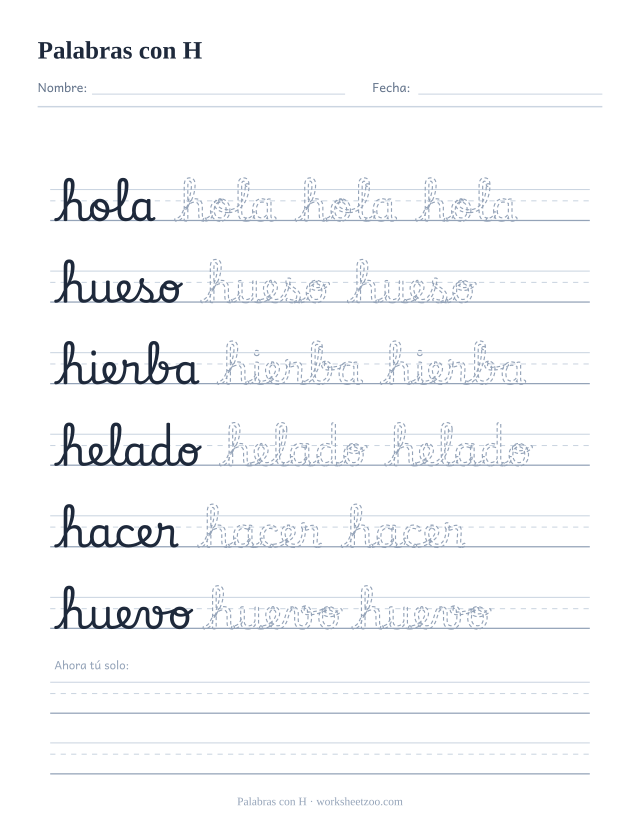 Ficha de palabras con H en cursiva: hola, hueso, hierba, helado, hacer y huevo