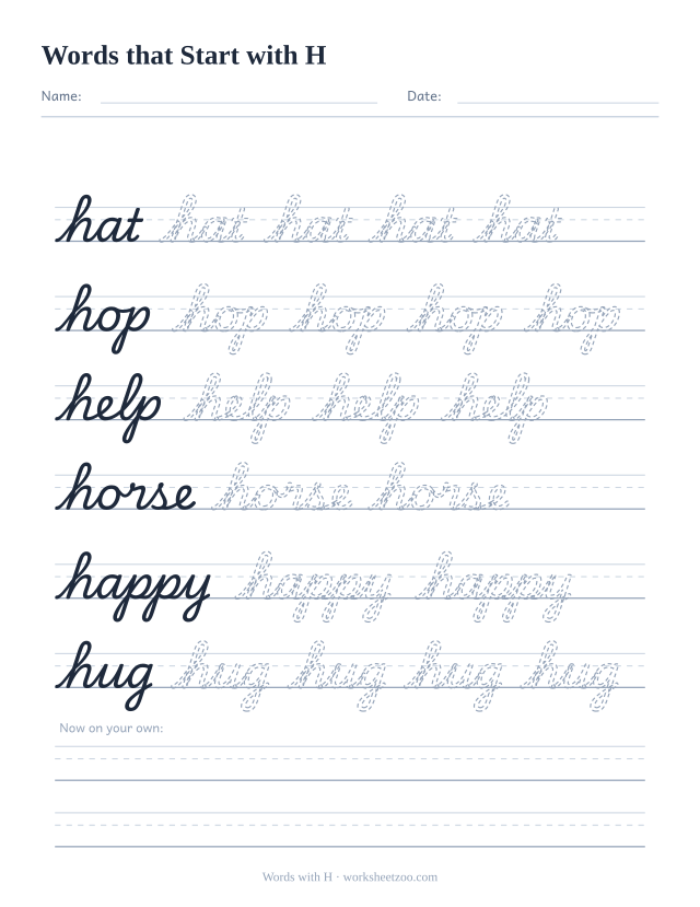 Cursive words starting with H worksheet, trace hat, hop, help, horse, happy and hug