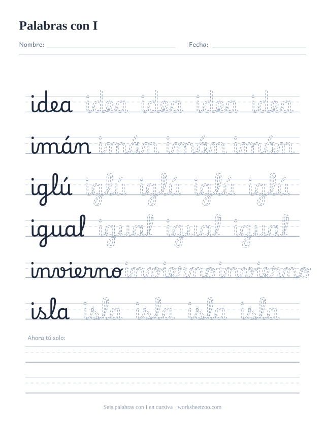 Ficha de palabras con I en cursiva: idea, imán, iglú, igual, invierno e isla