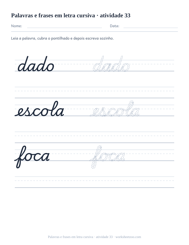 Prévia de Palavras e frases em letra cursiva, atividade 33 para imprimir
