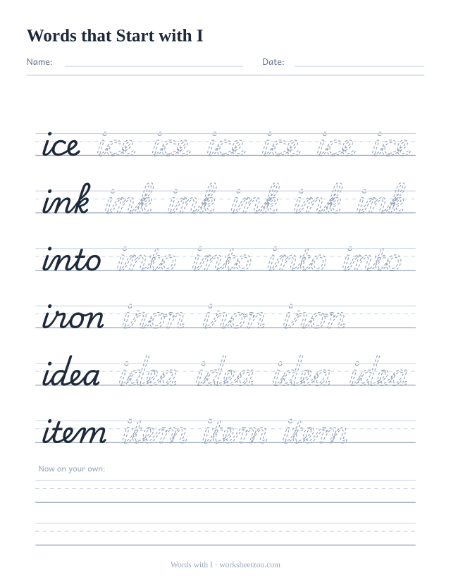 Cursive words starting with I worksheet, trace ice, ink, into, iron, idea and item