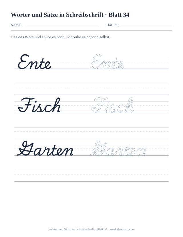 Vorschau: Wörter und Sätze in Schreibschrift, druckbares Arbeitsblatt 34