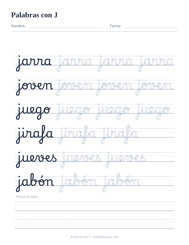 Ficha de palabras con J en cursiva: jarra, joven, juego, jirafa, jueves y jabón