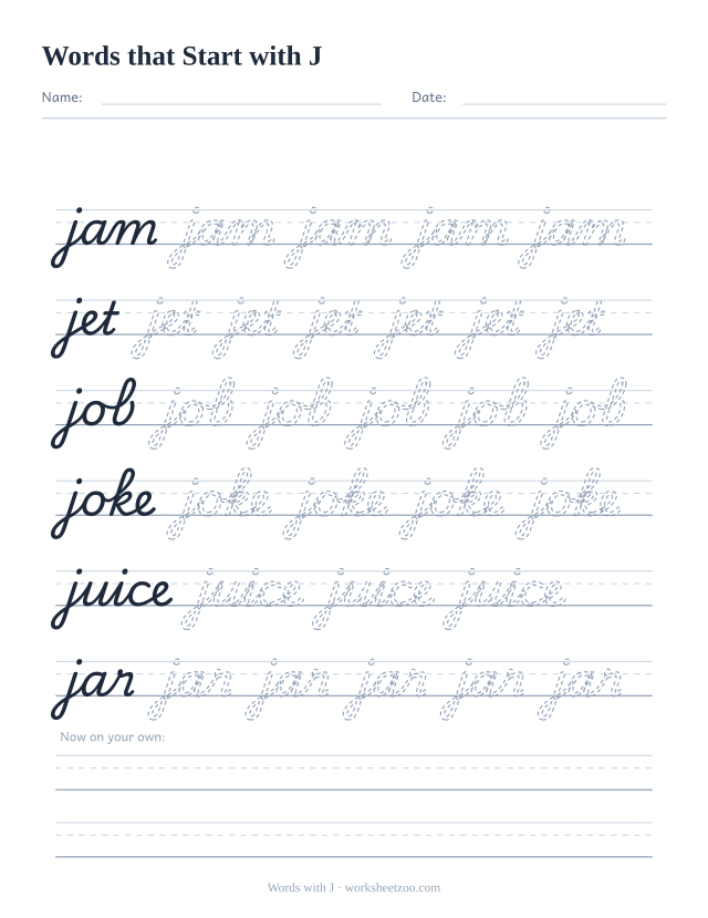 Cursive words starting with J worksheet, trace jam, jet, job, joke, juice and jar