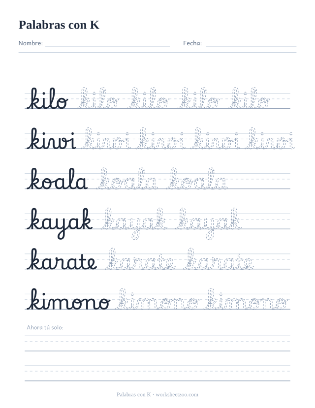 Ficha de palabras con K en cursiva: kilo, kiwi, koala, kayak, karate y kimono