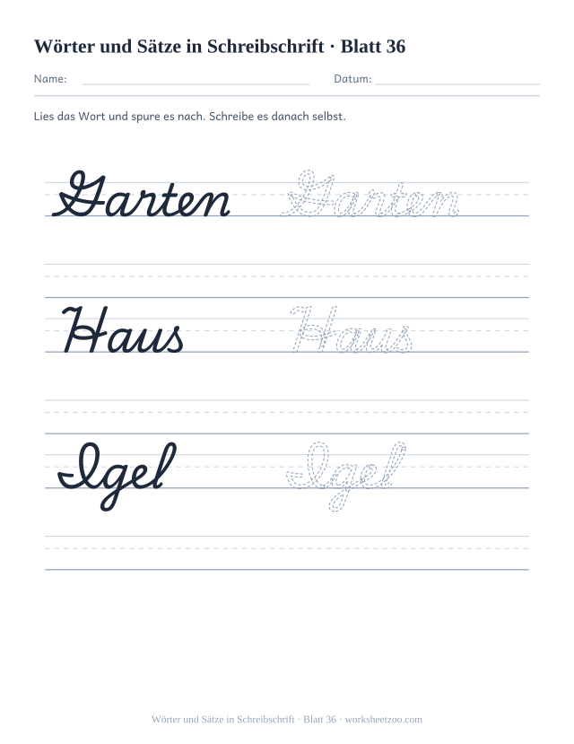 Vorschau: Wörter und Sätze in Schreibschrift, druckbares Arbeitsblatt 36