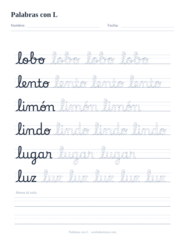 Ficha de palabras con L en cursiva: lobo, lento, limón, lindo, lugar y luz
