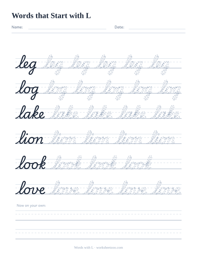 Cursive words starting with L worksheet, trace leg, log, lake, lion, look and love